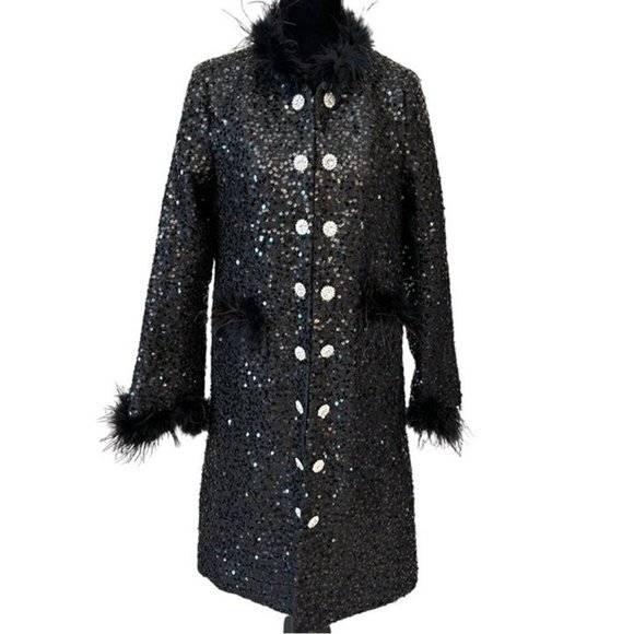 Black Sequin Faux Fur Long Jacket Small